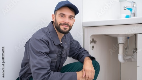 Skilled plumber working at residential bathroom sink during daylight hours