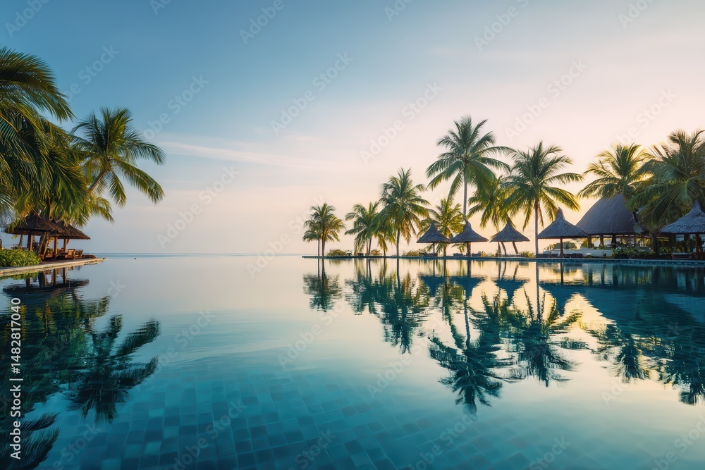 Fototapeta premium Tropical beach panorama with clear blue water and palm trees under sunny sky, tranquil coastal scene