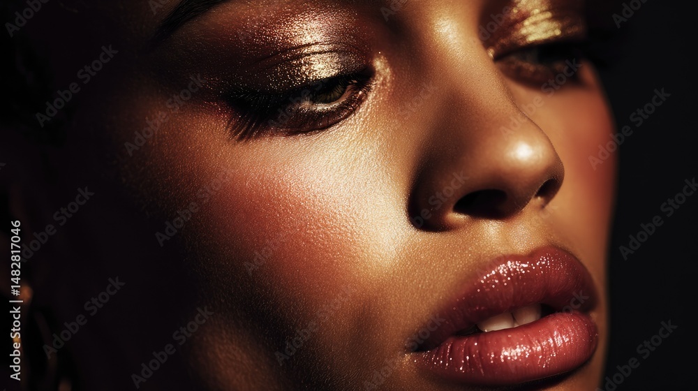Glamorous portrait of a woman with metallic gold eyeshadow, glossy lips, and flawless skin under dramatic lighting Glamorous portrait of a woman with metallic gold eyeshadow, glossy lips, and flawless skin under dramatic lighting