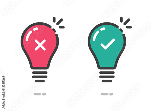 Light bulb icon line stroke with cross and check mark as bad good innovation idea red green vector graphic illustration set, lightbulb energy power problem resolved
