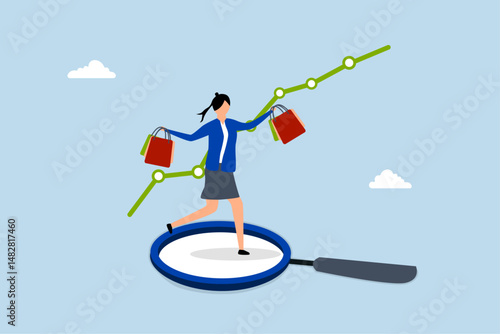 Customer insight, female shopper grasping overflowing bags while examining with magnifying glass.