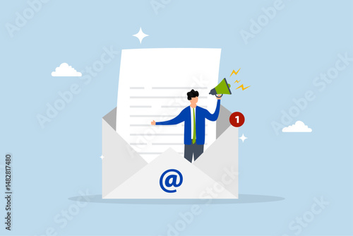 entrepreneur positioned inside email envelope proclaiming promotion via megaphone.