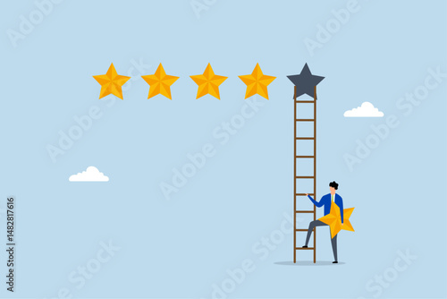 businessman holding 5th star climb up ladder to put on best rating.