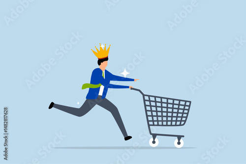 Customer is king, man customer wearing king crown running with shopping cart ready to buy product.