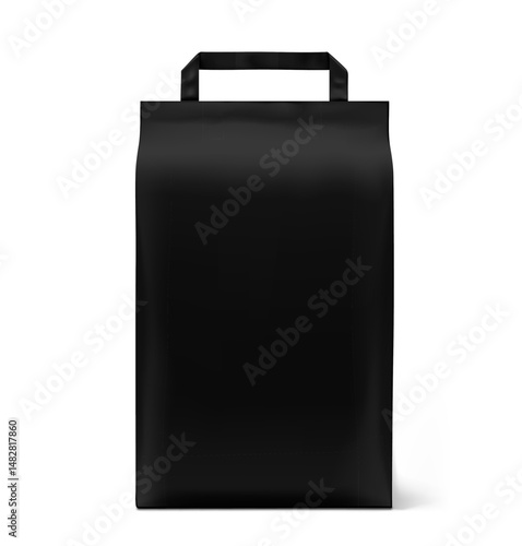 Black paper packaging bag with handle mockup. Front view. Vector illustration isolated on white background. Ready for use in presentation, promo, advertising and more. EPS10.
