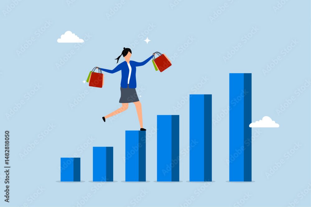 Fototapeta premium Customer lifetime value, customer woman with shopping bags walk on CLV graph and chart.