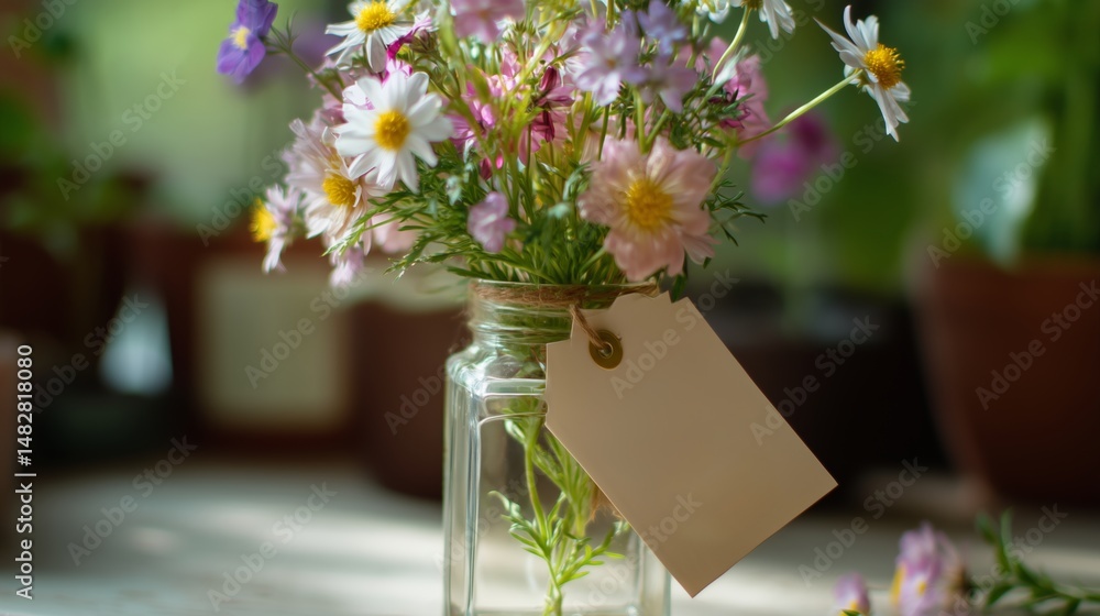 Beautifully arranged bouquet of wildflowers in a glass jar on a wooden table in a sunny garden