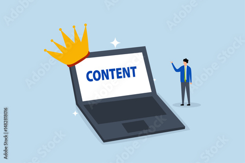 businessman standing with computer with the word content wearing crown.