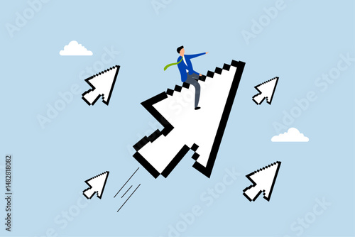 digital marketing, businessman riding digital pixel mouse pointer to click on button.