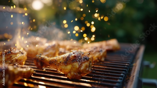 Grilling chicken legs outdoors at sunset with sparks flying and mouthwatering aroma in the air