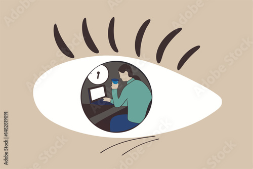 Micromanagement, too much details and manipulation or controlled from boss or distrust employee concept, depresses employee working in boss, manager eyes who watching and staring at him all time.