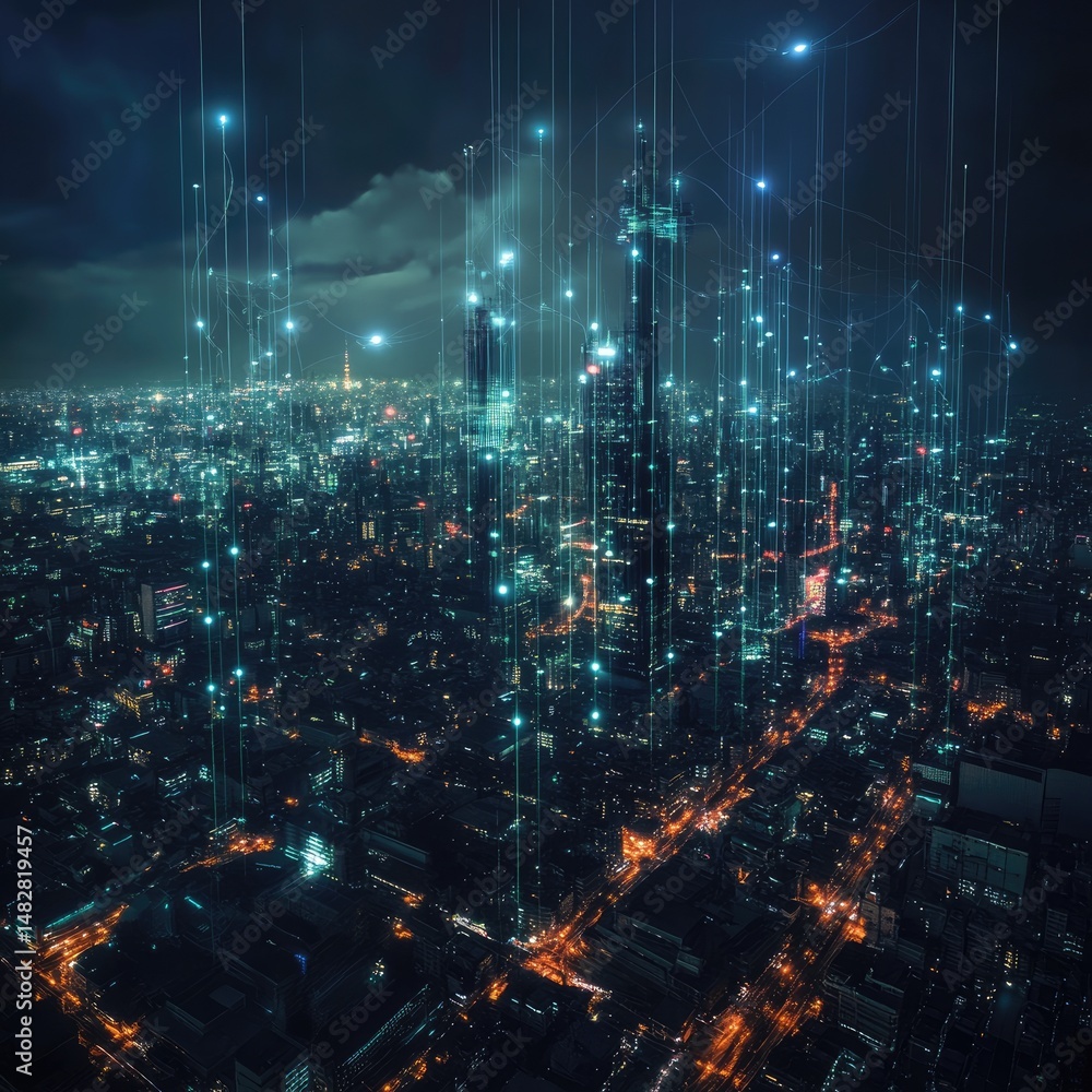 Obraz premium Night city skyline, digital connections. Illuminated cityscape at night, with glowing lines connecting buildings