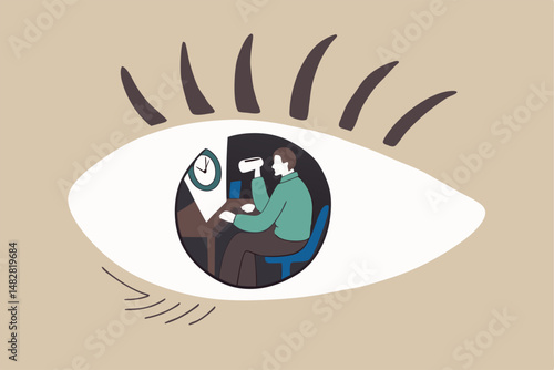Micromanagement, too much details and manipulation or controlled from boss or distrust employee concept, depresses employee working in boss, manager eyes who watching and staring at him all time.