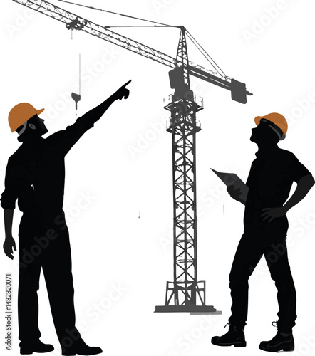 Construction Workers with Crane Silhouette - Planning and Direction on Site