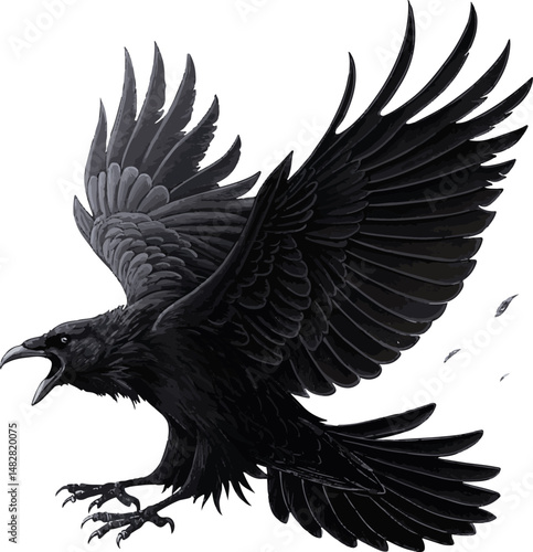 Majestic Black Raven in Flight - Detailed Bird Illustration