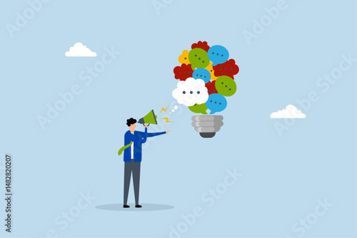 Communication, businessman talking on megaphone with speech bubble lightbulb idea.