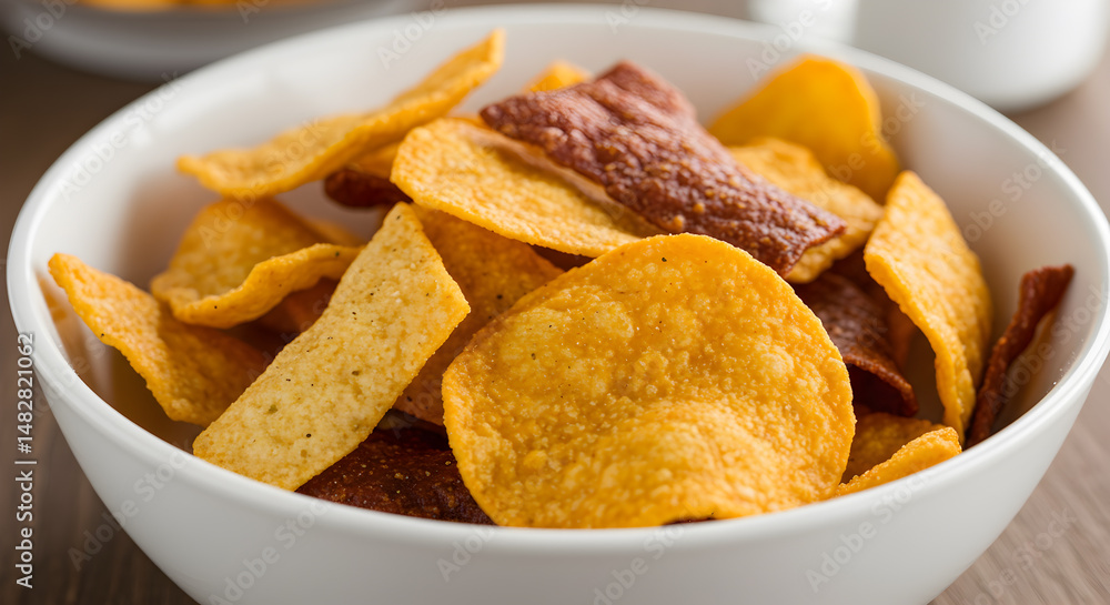 Close-up Of Assorted Crispy Chips In A White Bowl Featuring Yellow And Brown Hues Close-up Of Assorted Crispy Chips In A White Bowl Featuring Yellow And Brown Hues