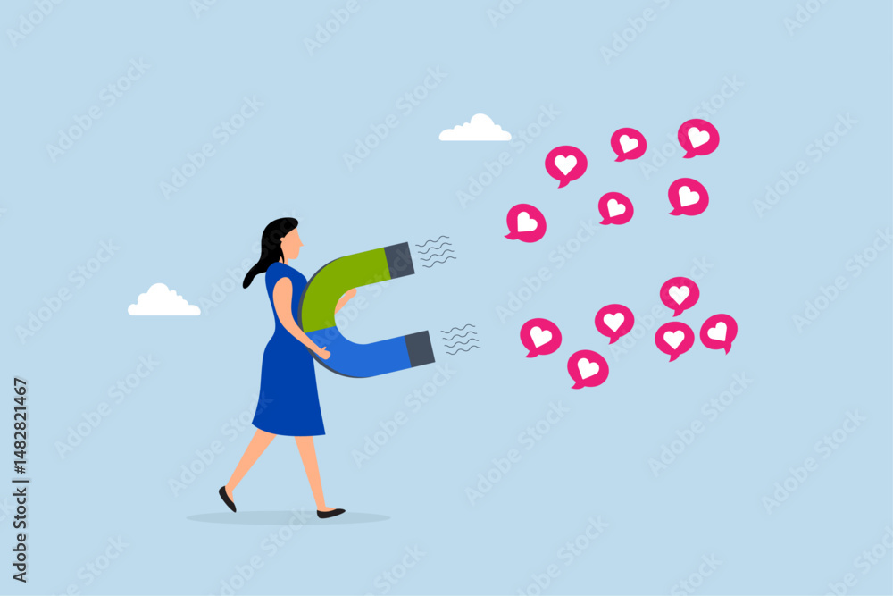 Social media marketing, woman online influencer using magnet to draw love symbols. Social media marketing, woman online influencer using magnet to draw love symbols.