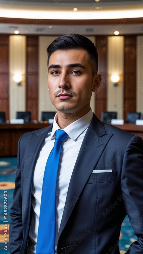 Kazakh male adult wearing business fashion on plain hunter green background Kazakh male adult wearing business fashion on plain hunter green background