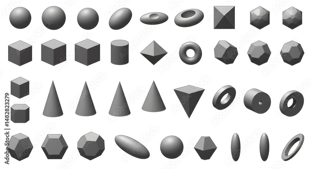 Assortment Of Three-Dimensional Geometric Shapes Arranged In Rows and Columns Assortment Of Three-Dimensional Geometric Shapes Arranged In Rows and Columns