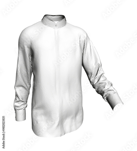 A white shirt with a collar and buttons. The shirt is long and has a white stripe down the middle