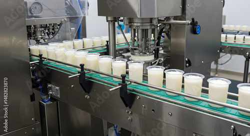 Automated Food Packaging Line with Containers Moving on a Conveyor Belt in Industrial Environment