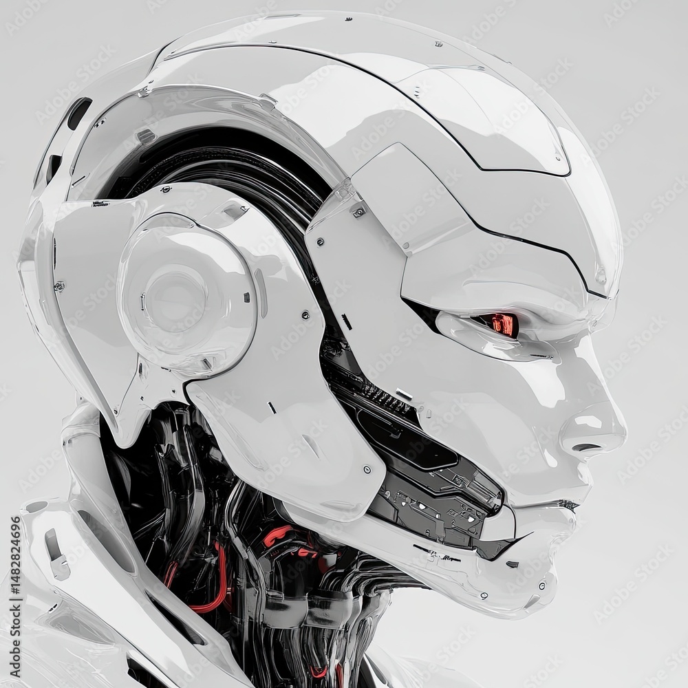 Fototapeta premium Advanced robotic head, sleek design. Complex mechanisms and intricate details