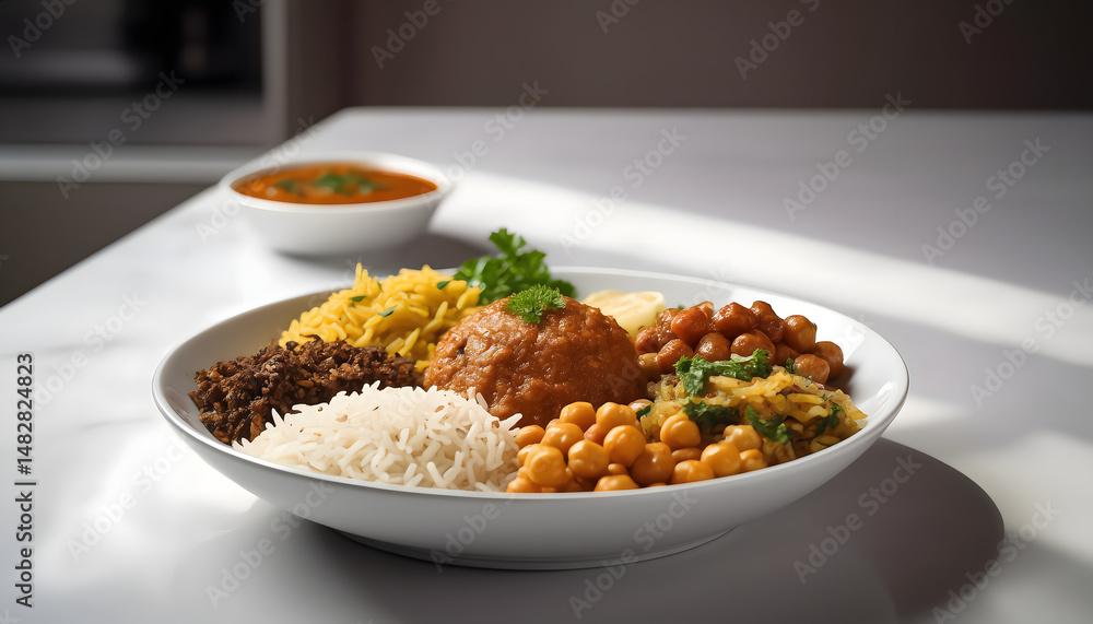 Minimalist Indian lunch plate on white ceramic dish Minimalist Indian lunch plate on white ceramic dish