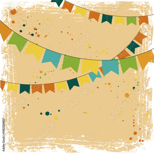 Brazilian flag colors decorative garland with turquoise, yellow, and green banners on a textured background