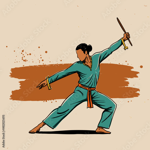 Martial artist performing dynamic poses with a weapon in a vibrant training environment
