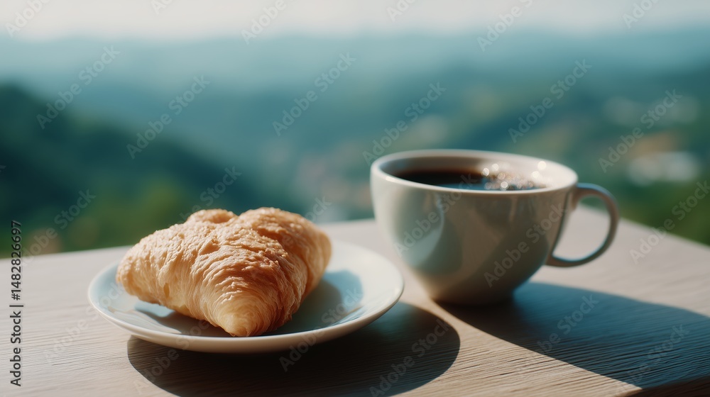 Delightful morning with coffee and croissant overlooking a serene landscape at sunrise