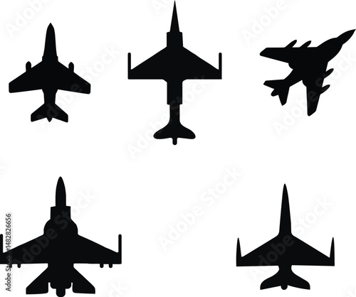 Set of Four Black Silhouette Vector Military Aircraft Vehicles: Fighters and More