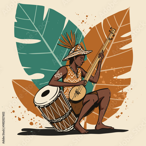 Musician playing an instrument with a vibrant Amazonian leaf backdrop in a cultural context
