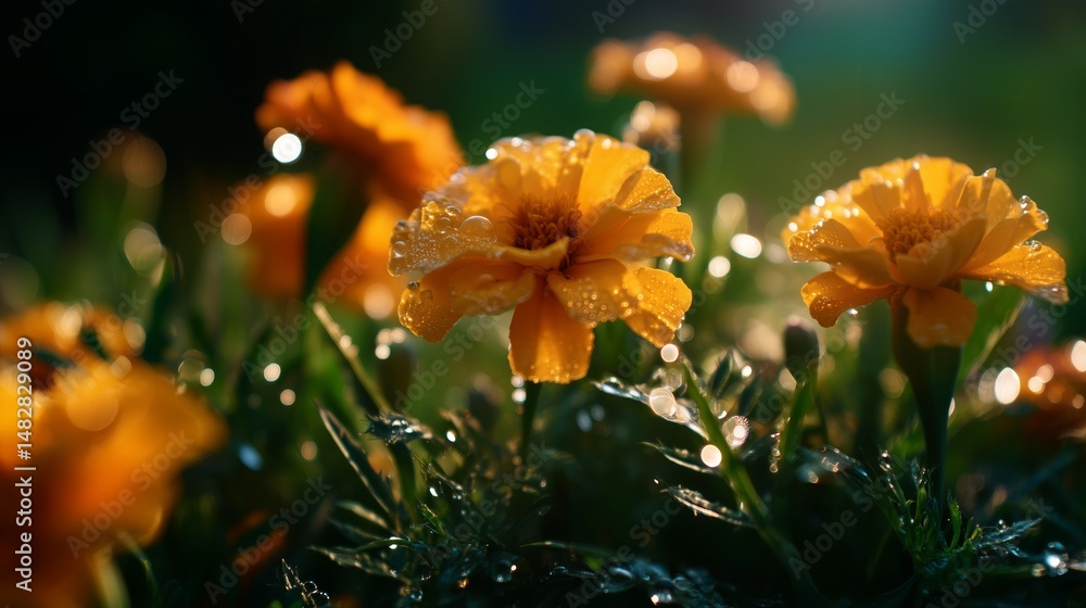 Close-up of vibrant yellow marigold flowers with dew drops shimmering in early morning light in a garden setting
