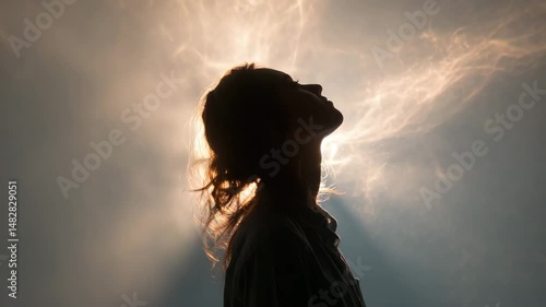 Silhouette of a woman with windblown hair, looking up towards a bright, sunlit sky. Golden light streams through clouds, creating a dramatic, hopeful mood. Backlit, high contrast image.