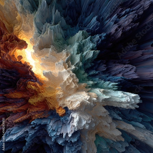 Abstract explosion of vibrant, textured forms radiating from a central light source