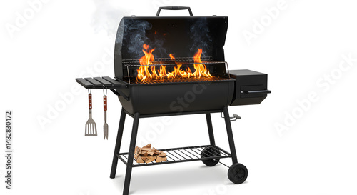 Black Grill With Open Lid And Roaring Flames Isolated On White Background