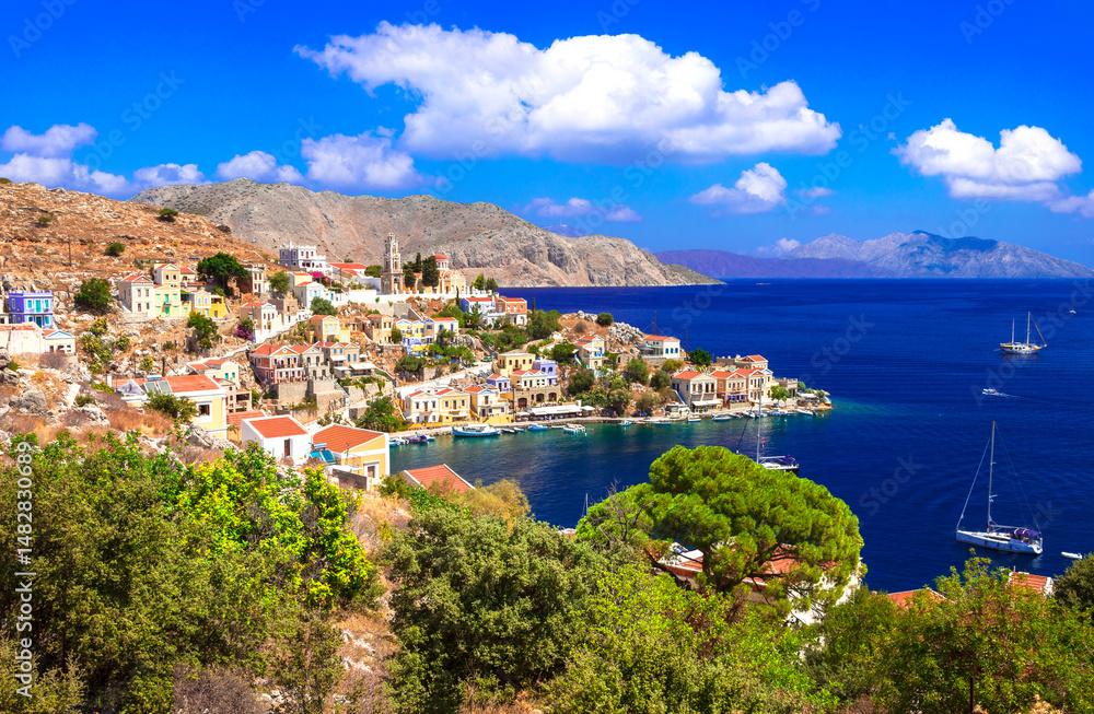 Obraz premium Traditional colorful Greek island- beautiful Symi(Simi) in Dodecanese. Greece travel