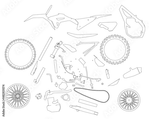 A motorcycle is shown in pieces, with the parts scattered across the page. Concept of disarray and disrepair, as if the motorcycle has been taken apart and is now in pieces. Side view