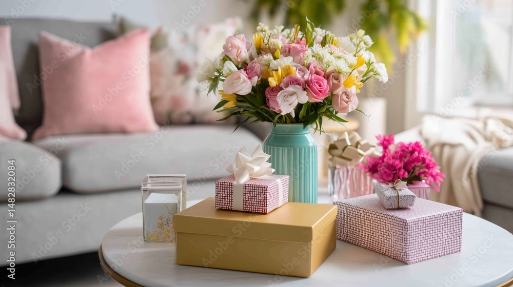 Elegant floral arrangement with colorful gifts in a cozy living room setting during daylight