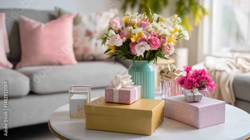 Obraz na płótnie Elegant floral arrangement with colorful gifts in a cozy living room setting during daylight w salonie