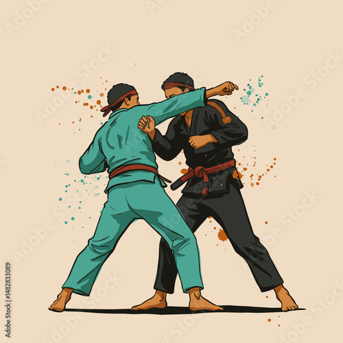 Illustration of two players in Capoeira clashing mid-movement in a colorful style - concept