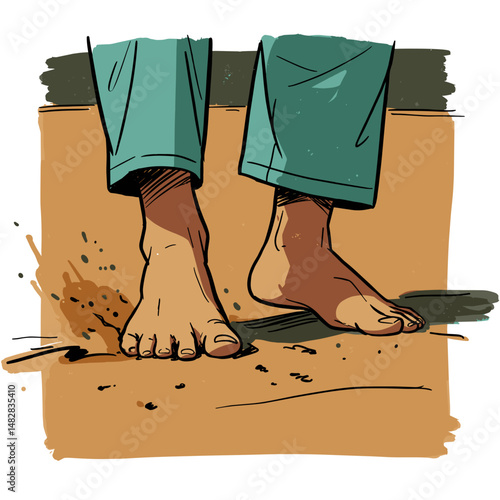 Bare feet on sandy training ground showcasing dynamic movement with a textured background