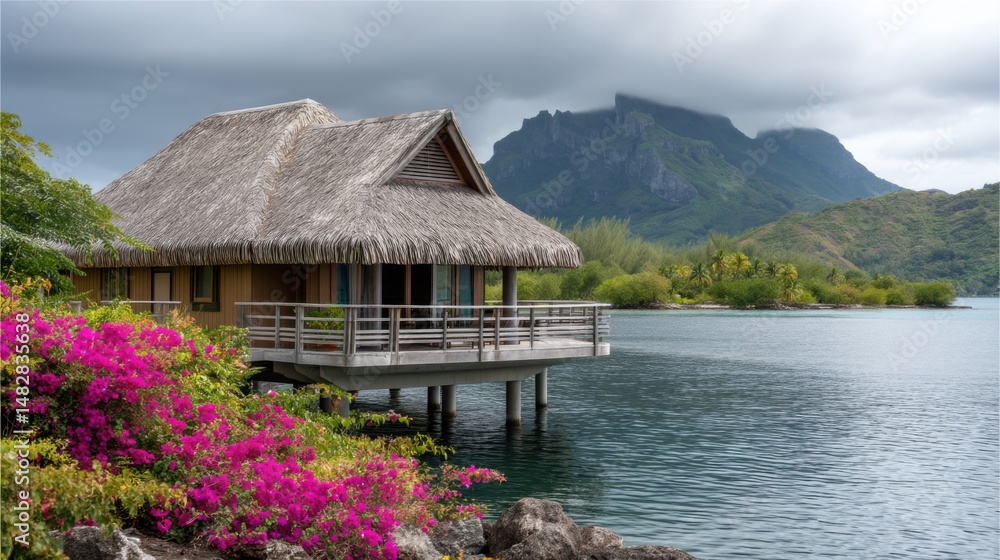 Full Tahitian bungalow on stilts with floral garden, lagoon below and volcano with dramatic clouds behind Full Tahitian bungalow on stilts with floral garden, lagoon below and volcano with dramatic clouds behind
