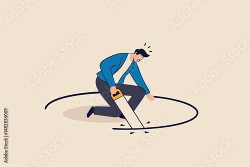 Business or financial mistake, wrong decision or stupidity make problem and situation worst concept, foolish frustrated businessman sawing the floor to self sabotage or make himself fall with failure.
