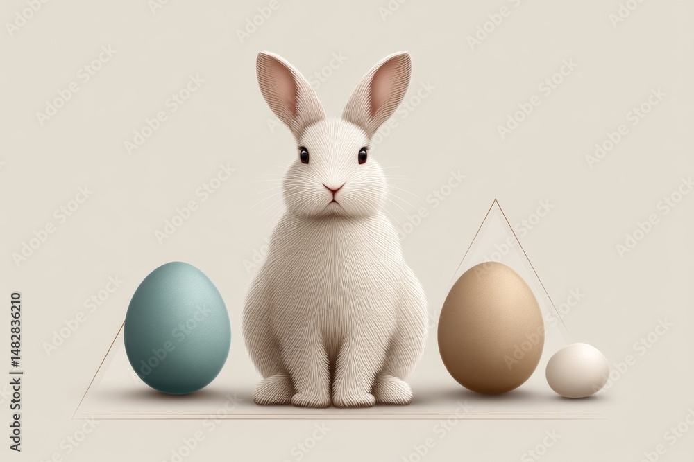 Obraz premium Simple line art of a bunny and three eggs arranged in triangle on soft color backdrop