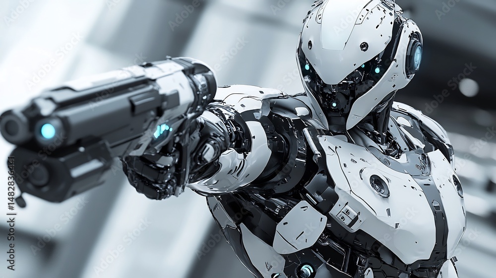 Fototapeta premium Cybernetic Warrior: A Sleek, White Robot Aims a Futuristic Weapon