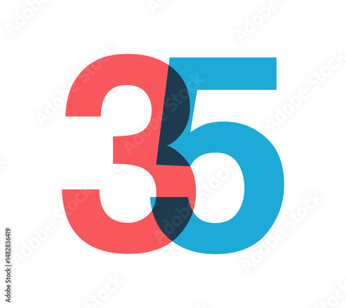 Overlapping red and blue 35 digits with transparent effect, evokes modernity, joy, energy. Anniversary number design for branding, event graphics, promotional materials. Vector illustration.