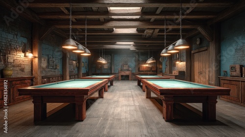 Wallpaper Mural Old snooker room with rustic charm, dim lighting, worn-out tables Torontodigital.ca
