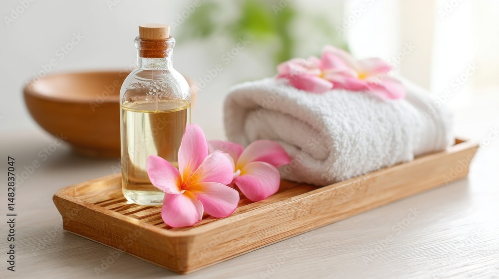 spa tray with essential oil bottle, tropical flower petals, folded towel and water bowl, soft natural spa light spa tray with essential oil bottle, tropical flower petals, folded towel and water bowl, soft natural spa light